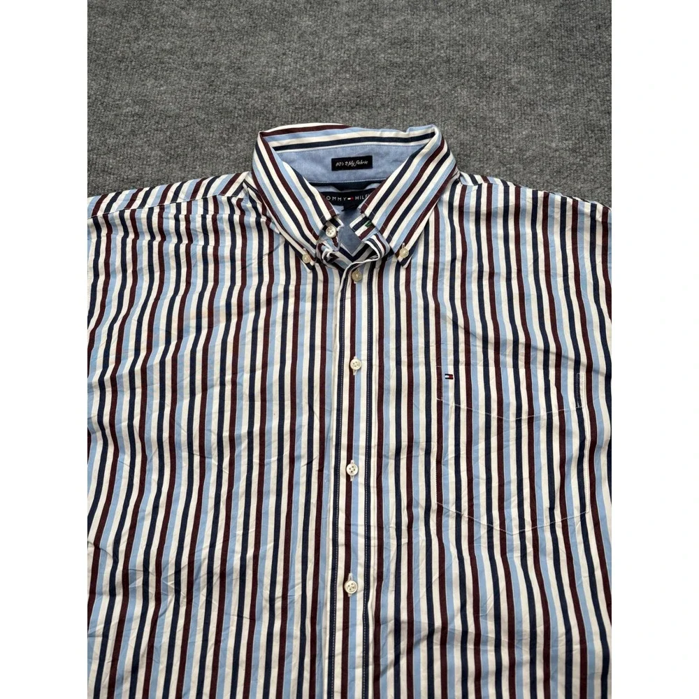 Tommy Hilfiger Men‎ XL Striped Button Down Shirt Blue Burgundy 80s 2-Ply Cotton